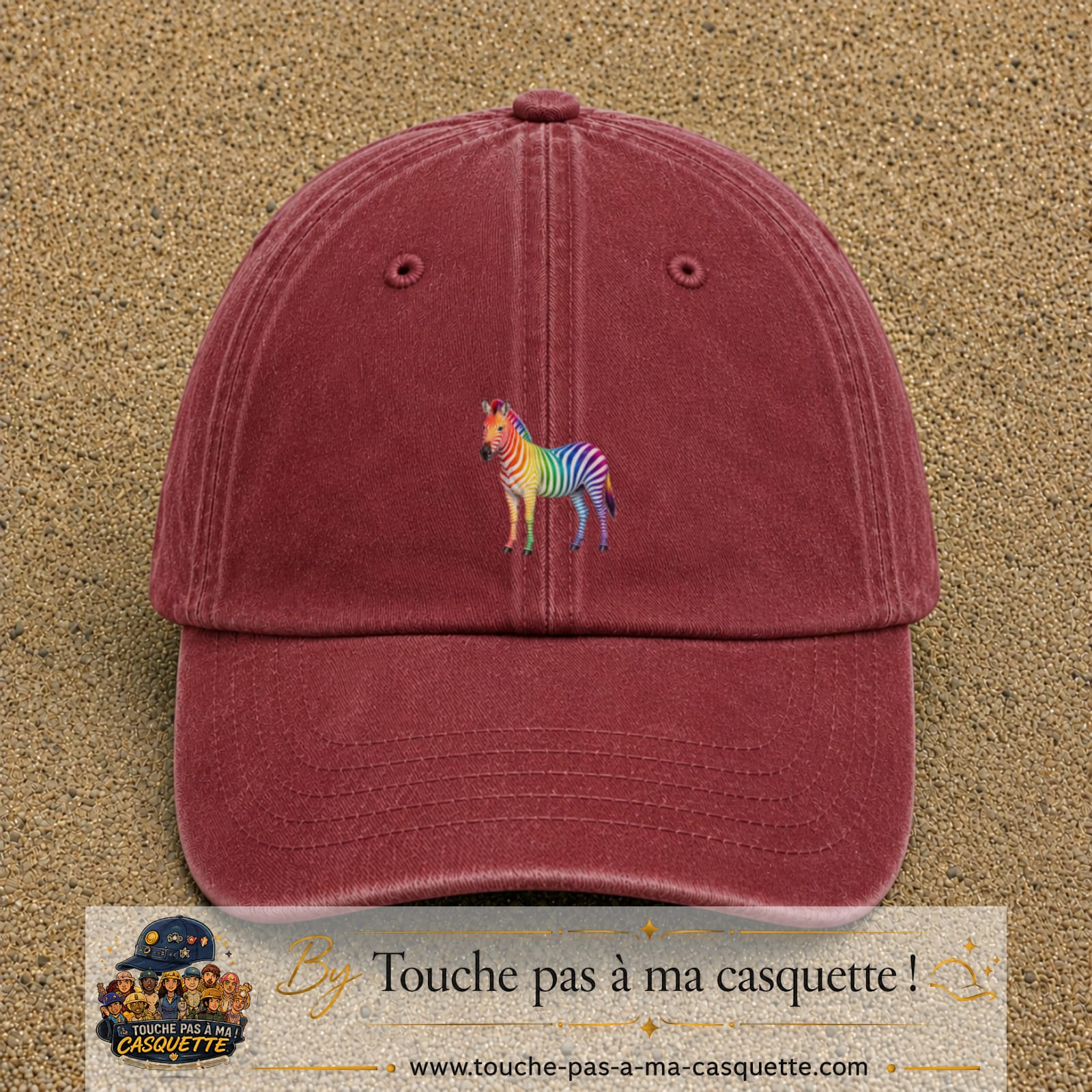 Casquette Rouge délavé - Bordeaux délavé 100% coton avec motif Zèbre arc-en-ciel 5 cm - image principale