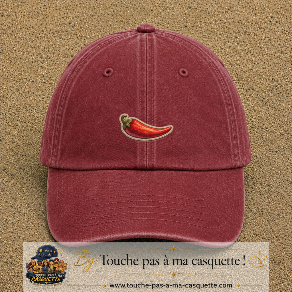Casquette Rouge délavé - Bordeaux délavé motif Piment piquant 3 cm - vue principale