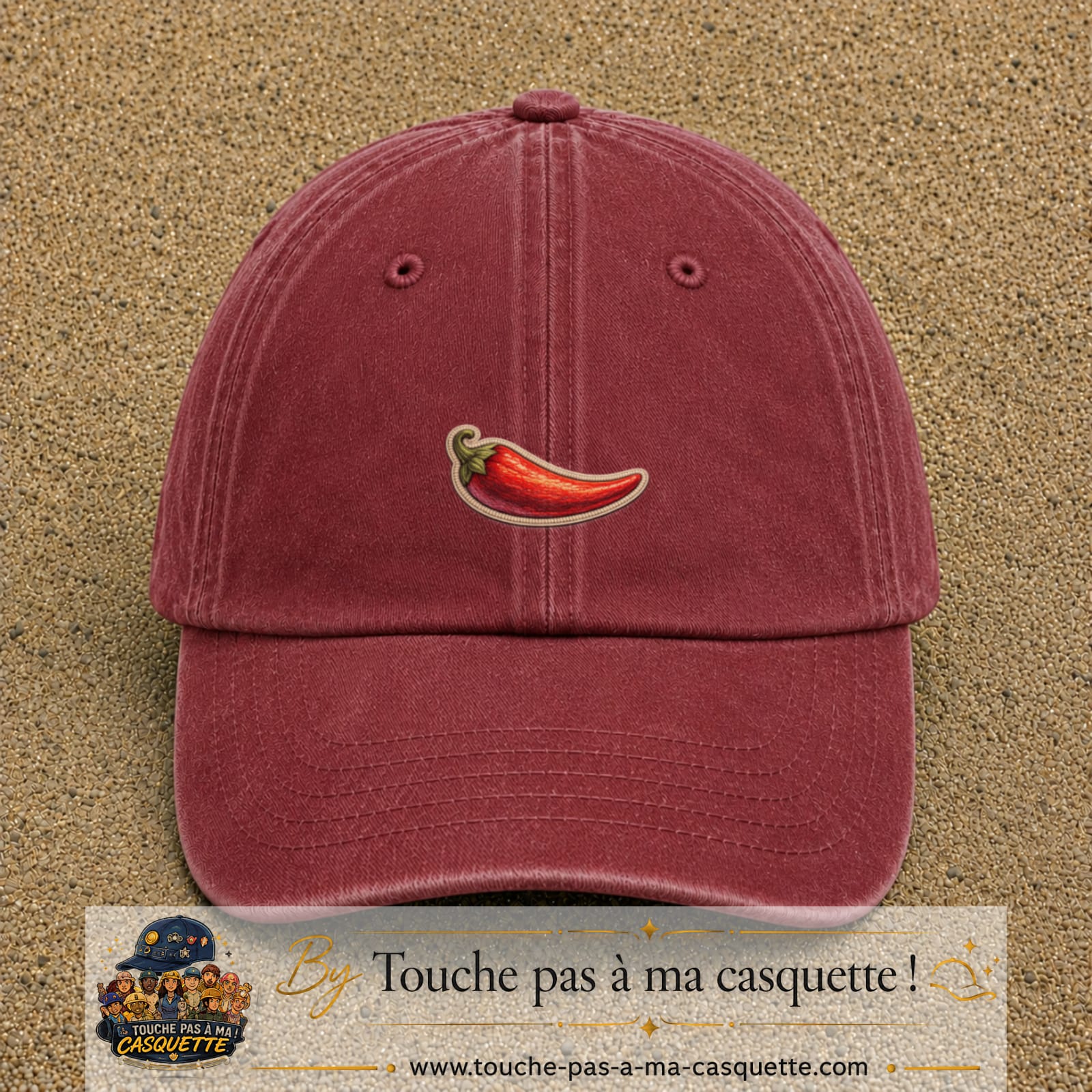 Casquette Rouge délavé - Bordeaux délavé motif Piment piquant 3 cm - vue principale