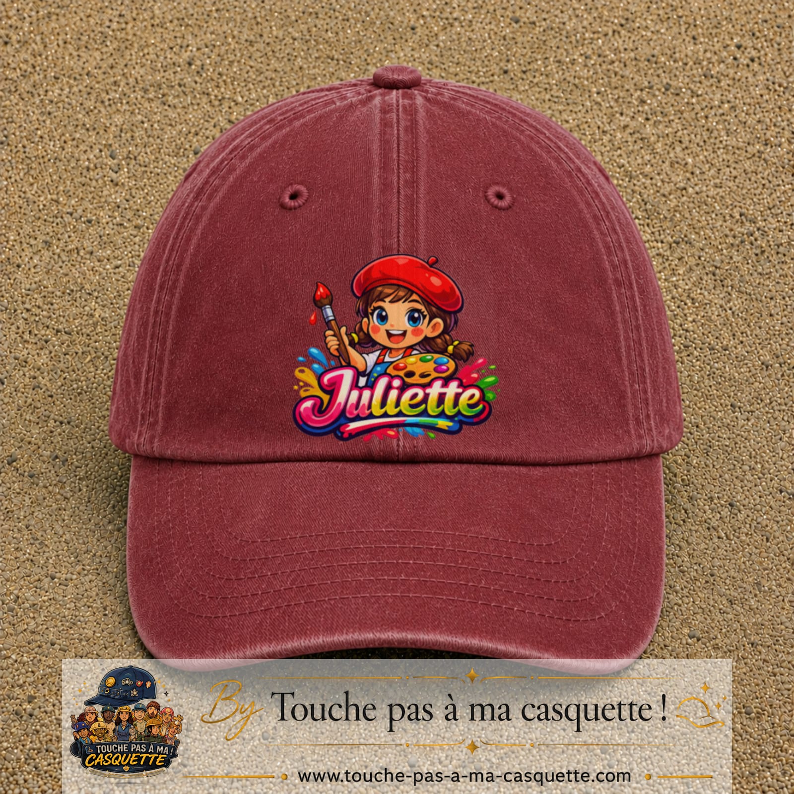 Casquette baseball Rouge délavé - Bordeaux délavé 100% coton avec motif Juliette 7 cm - image principale