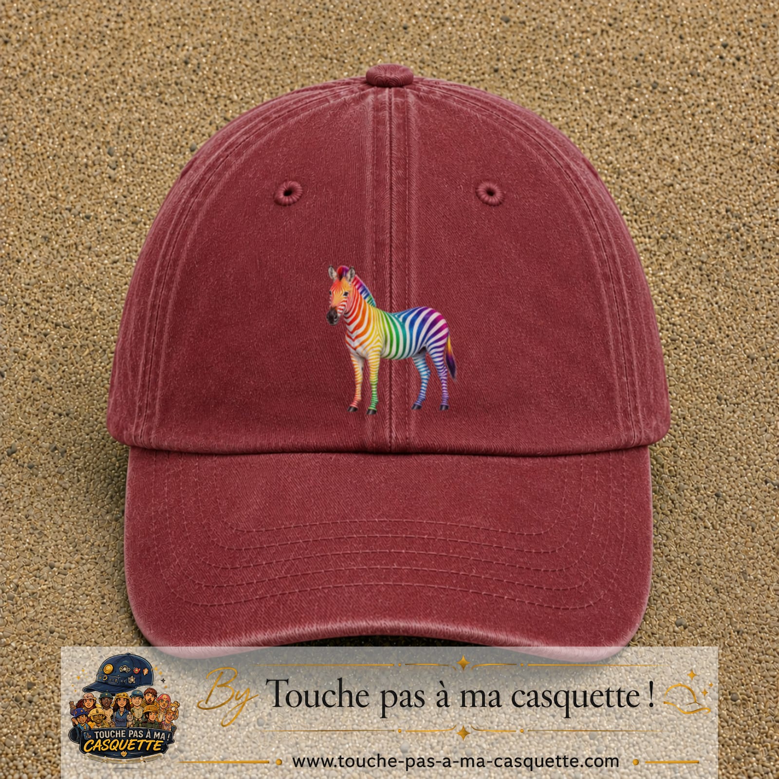 Casquette Rouge délavé - Bordeaux délavé 100% coton avec motif Zèbre arc-en-ciel 7 cm - image principale