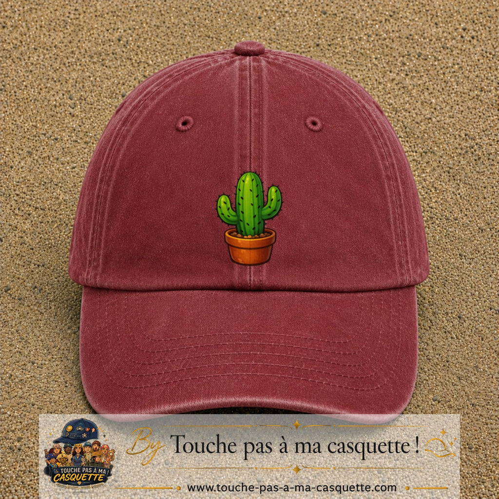 Casquette baseball Rouge délavé - Bordeaux délavé 100% coton avec visuel Cactus en pot 7 cm - image produit principale