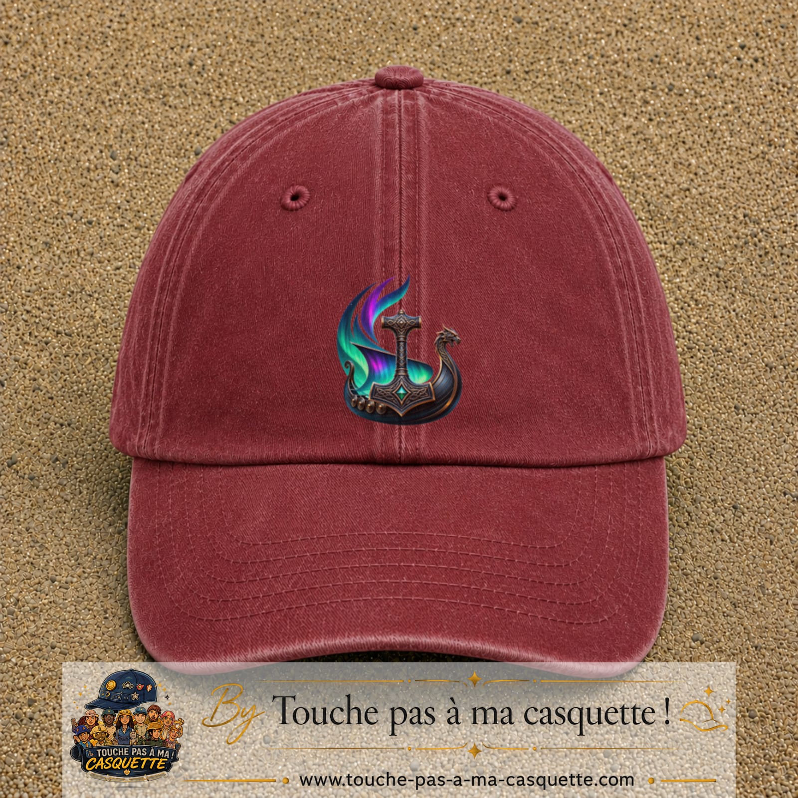 Casquette Rouge délavé - Bordeaux délavé 100% coton avec motif Drakkar viking et marteau de Thor 7 cm - image principale