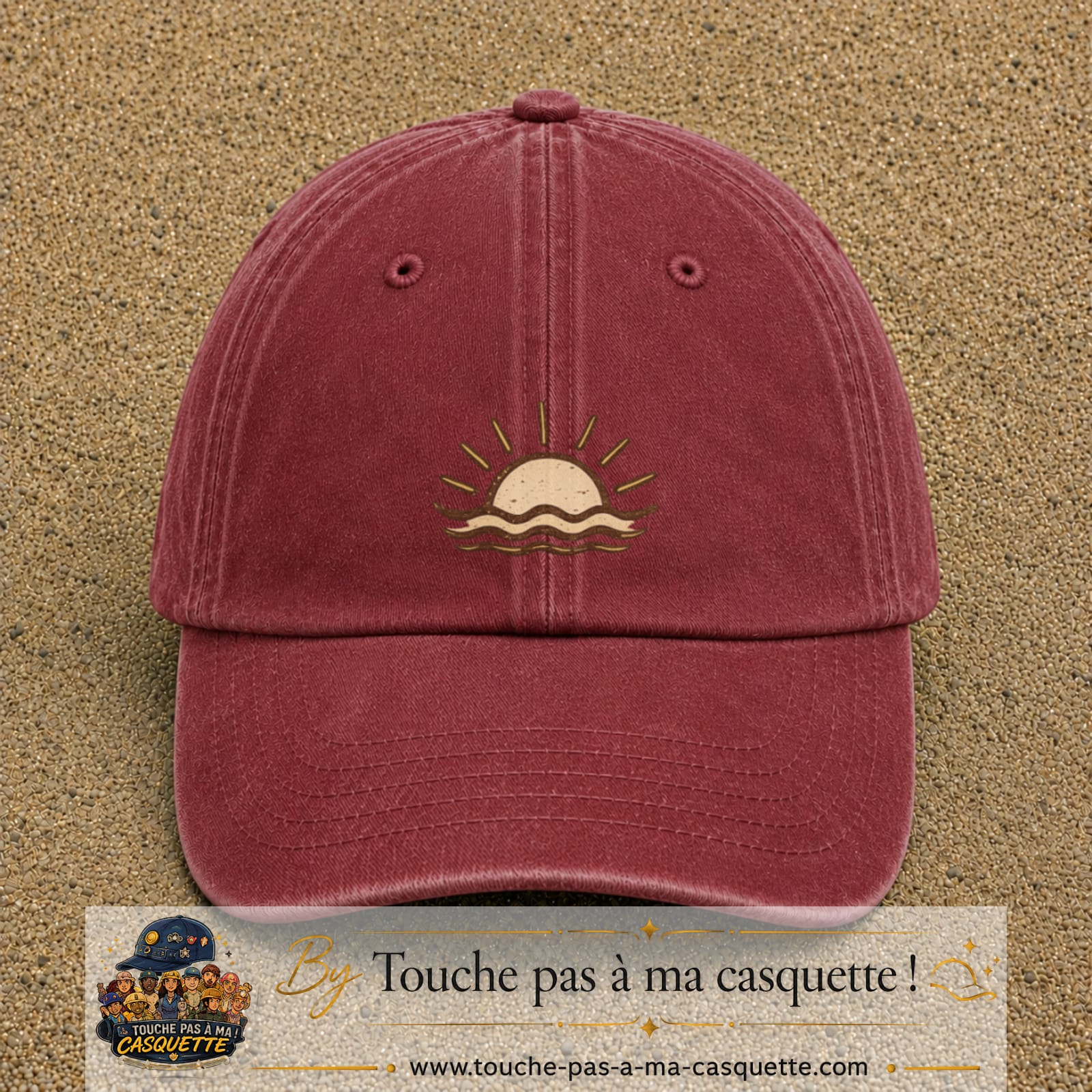 Casquette Rouge délavé - Bordeaux délavé 100% coton avec motif Soleil couchant bohème 5 cm - image principale