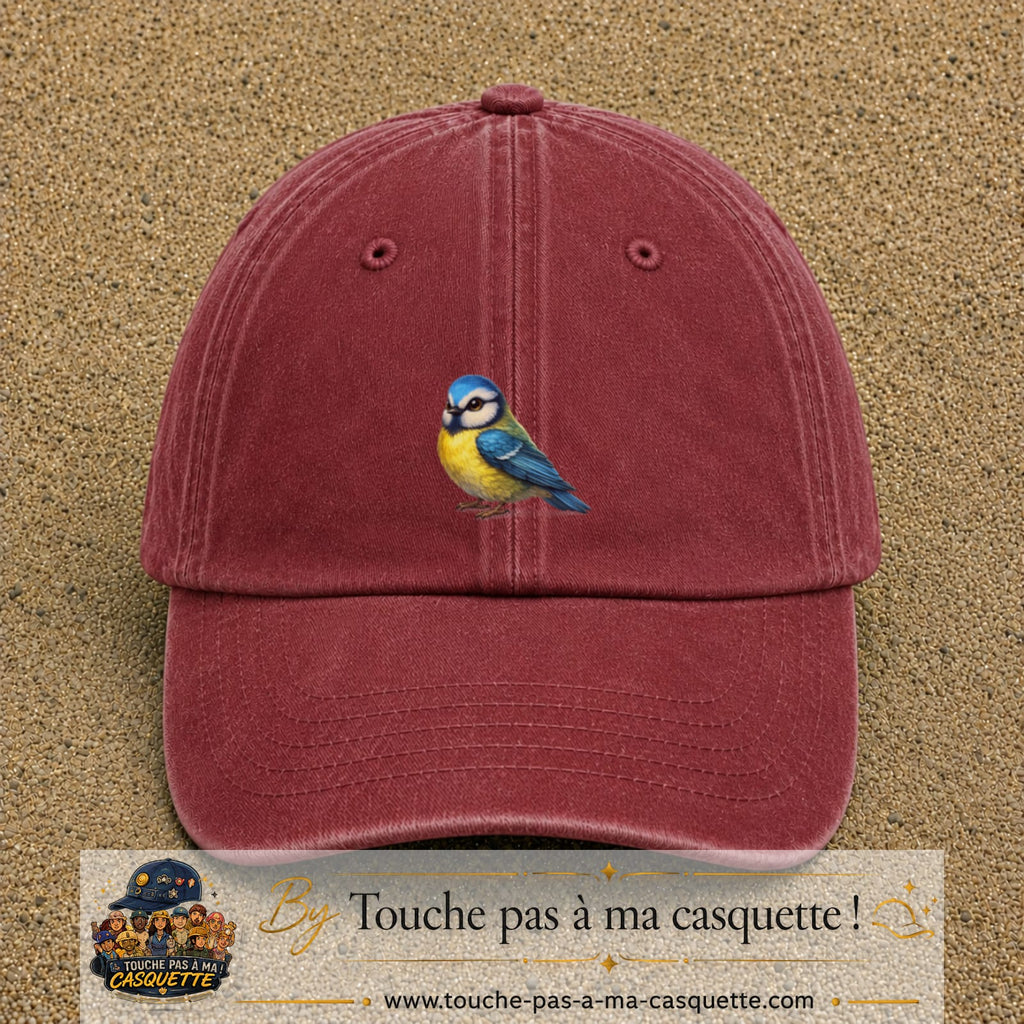 Casquette baseball Rouge délavé - Bordeaux délavé 100% coton avec visuel Mésange bleue 5 cm - image produit principale