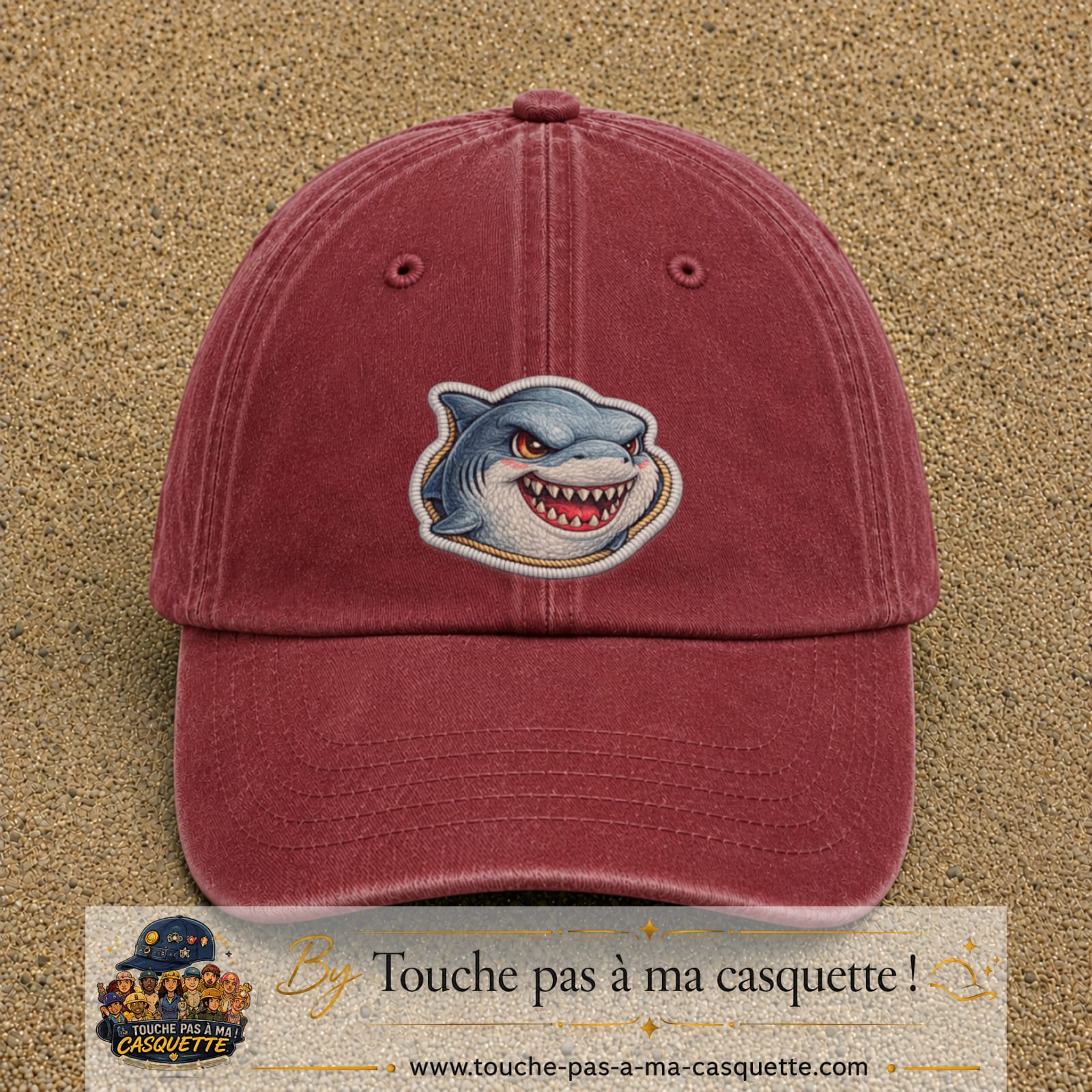 Casquette Rouge délavé - Bordeaux délavé motif Requin fun 7 cm - vue principale