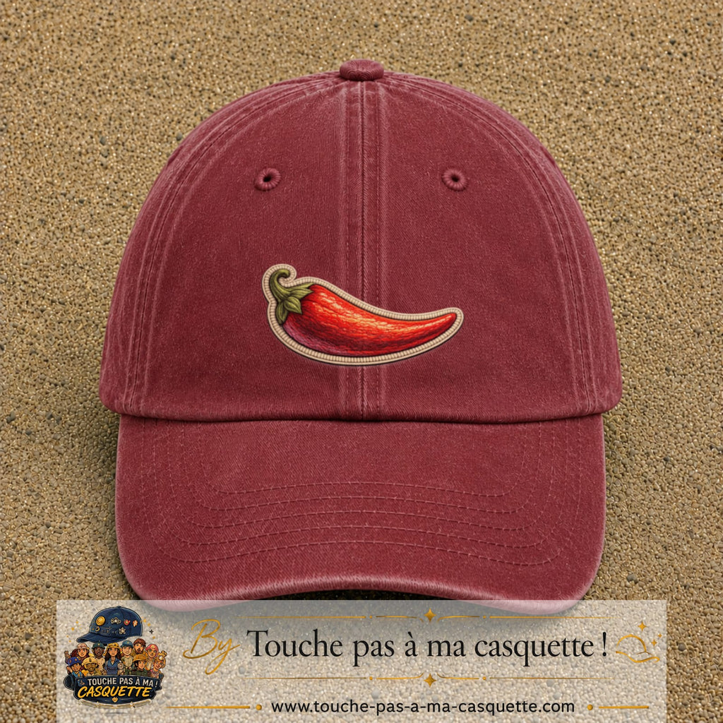 Casquette Rouge délavé - Bordeaux délavé motif Piment piquant 5 cm - vue principale