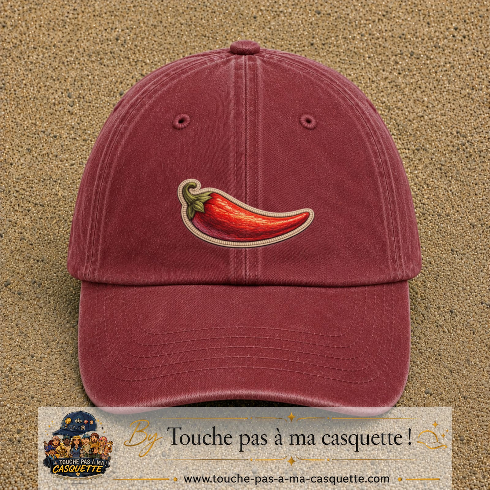 Casquette Rouge délavé - Bordeaux délavé motif Piment piquant 5 cm - vue principale
