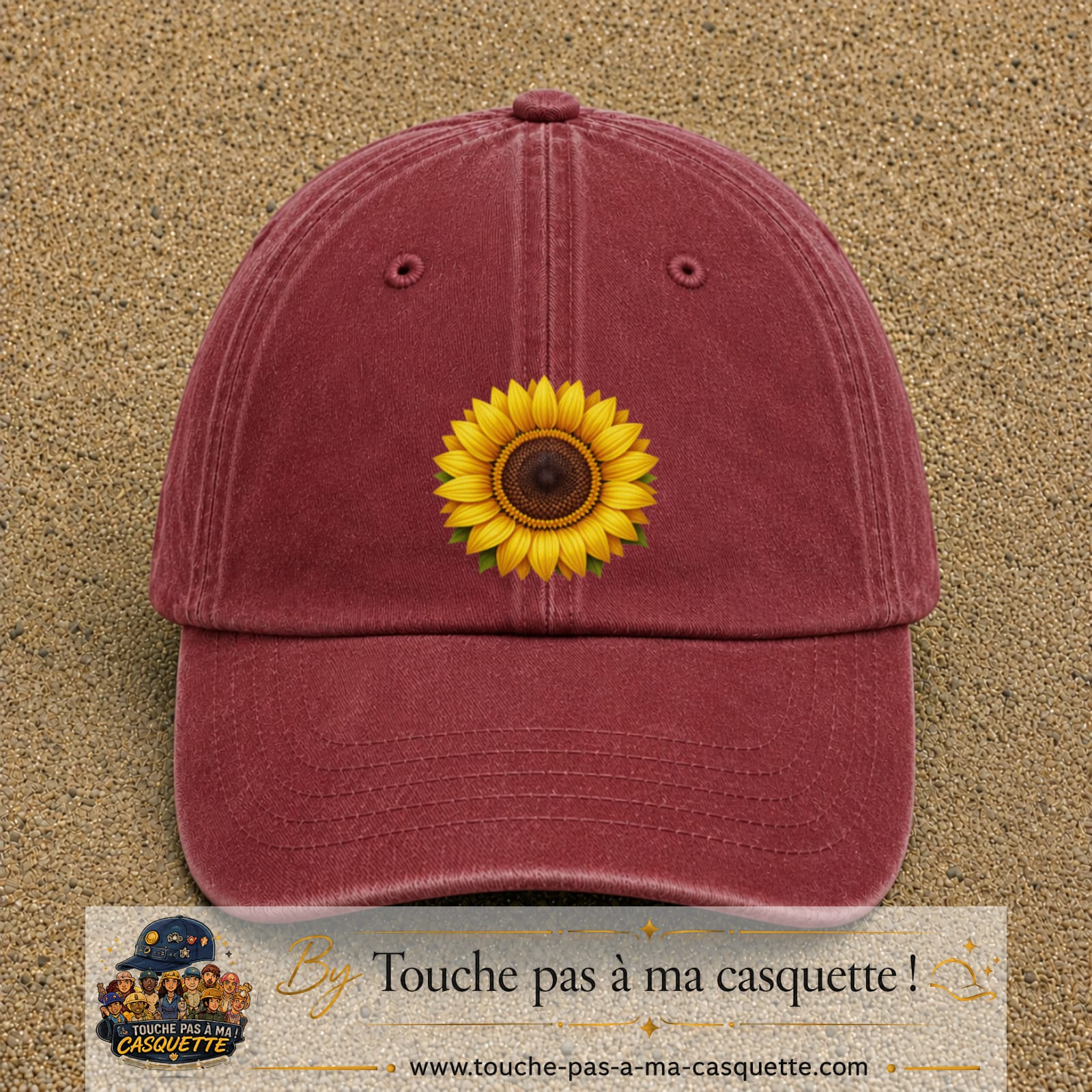 Casquette Rouge délavé - Bordeaux délavé motif Tournesol éclatant 7 cm - vue principale