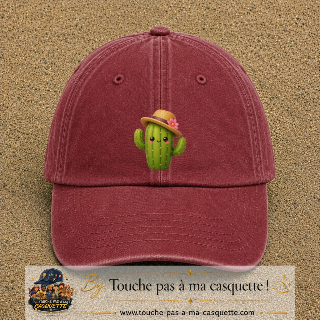 Casquette baseball Rouge délavé - Bordeaux délavé 100% coton avec visuel Cactus kawaii chapeau 7 cm - image produit principale
