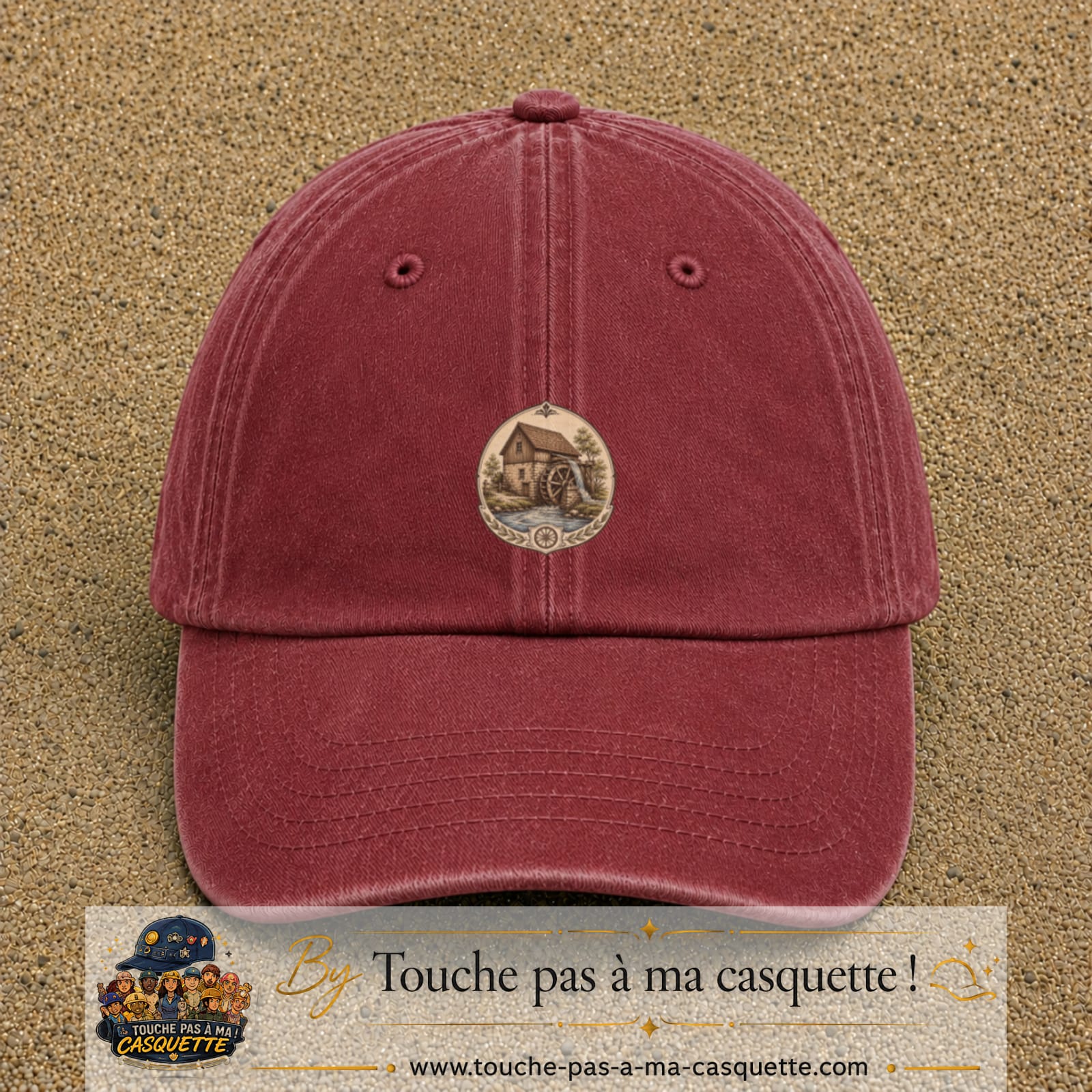 Casquette baseball Rouge délavé - Bordeaux délavé 100% coton avec visuel Moulin à eau vintage 5 cm - image produit principale