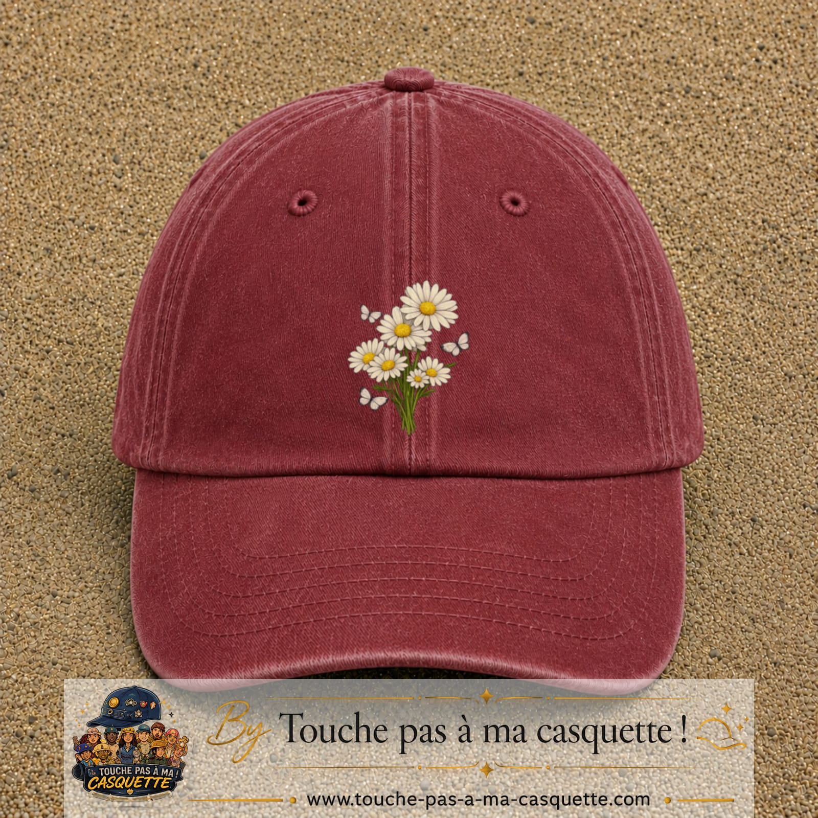 Casquette Rouge délavé - Bordeaux délavé motif Bouquet de marguerites et papillons 7 cm - vue principale