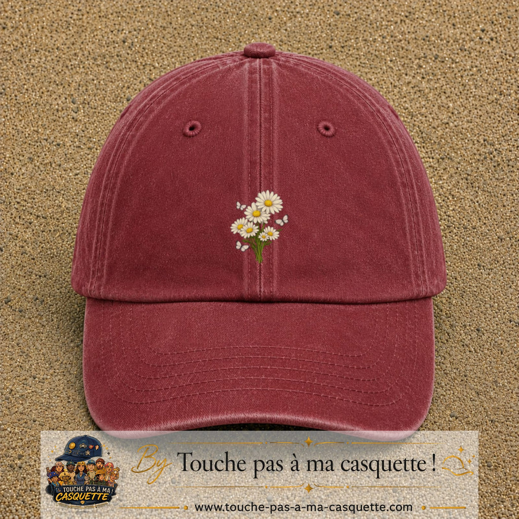 Casquette Rouge délavé - Bordeaux délavé motif Bouquet de marguerites et papillons 5 cm - vue principale