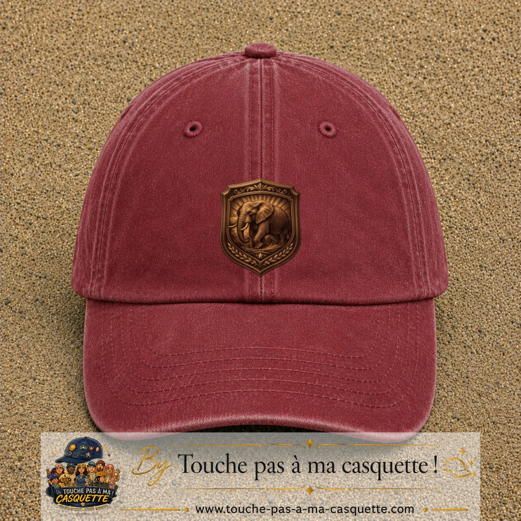 Casquette baseball Rouge délavé - Bordeaux délavé 100% coton avec visuel Écusson éléphant 7 cm - image produit principale