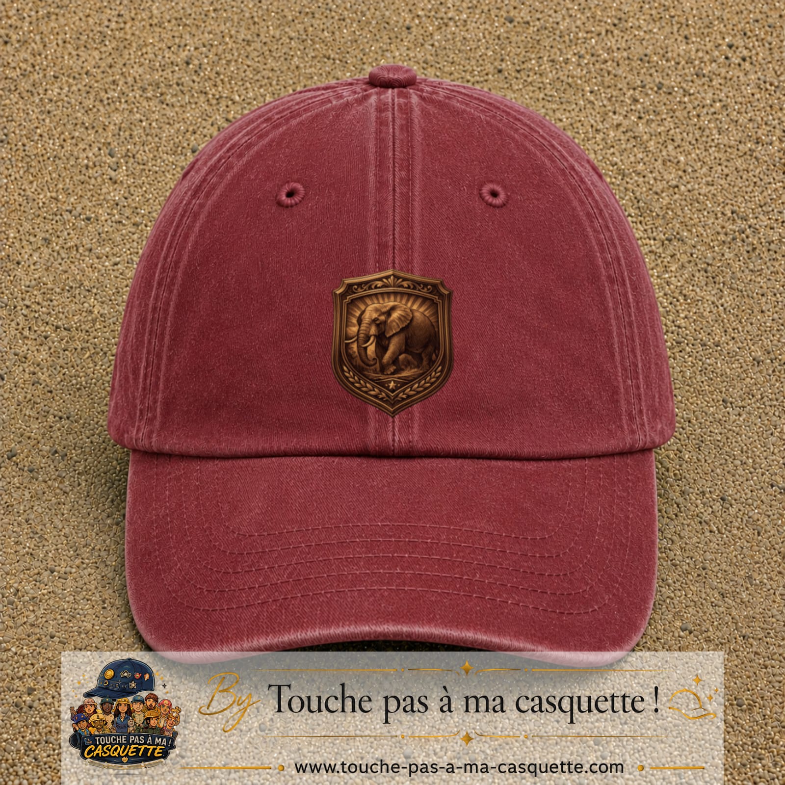 Casquette baseball Rouge délavé - Bordeaux délavé 100% coton avec visuel Écusson éléphant 7 cm - image produit principale