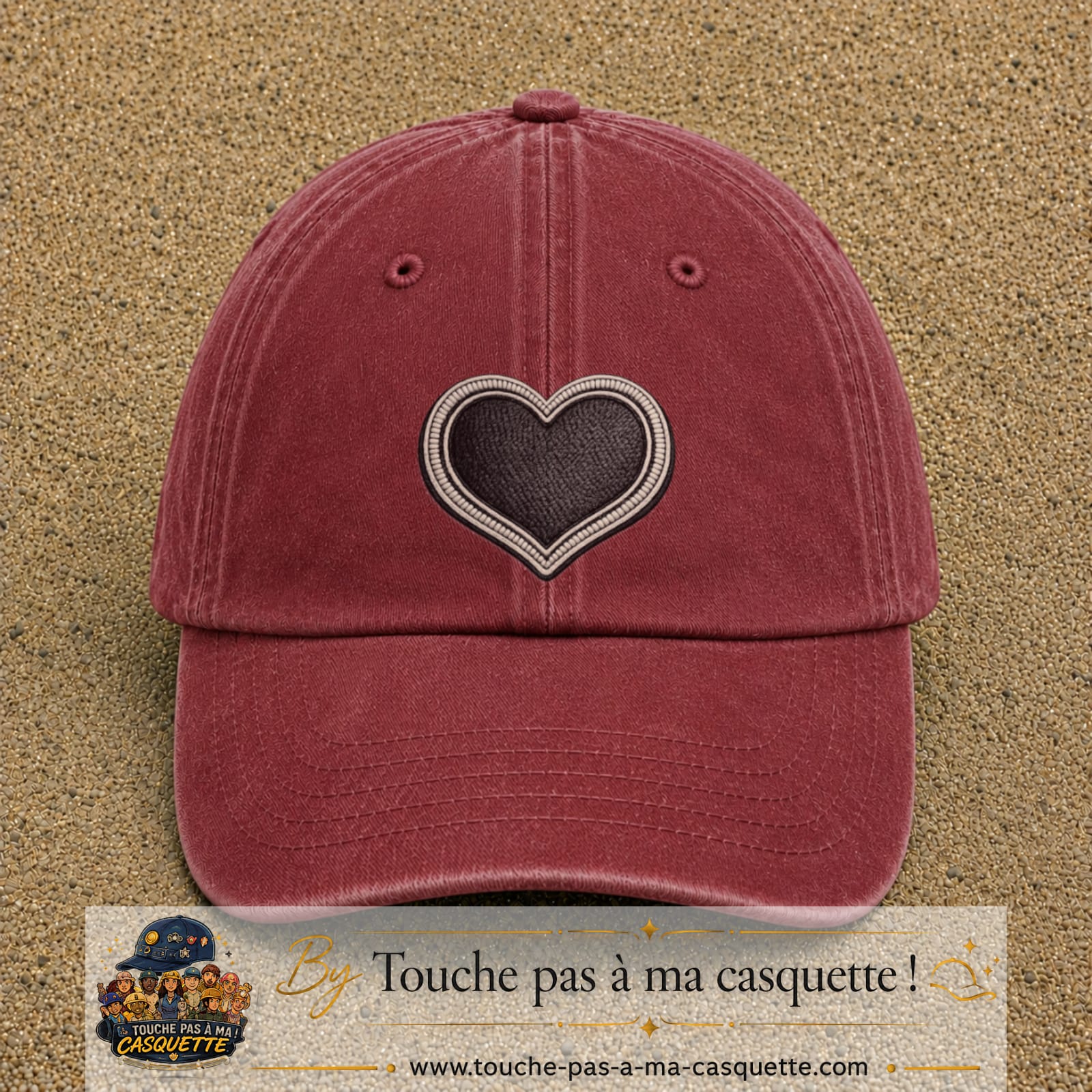Casquette Rouge délavé - Bordeaux délavé motif Cœur velours 7 cm - vue principale