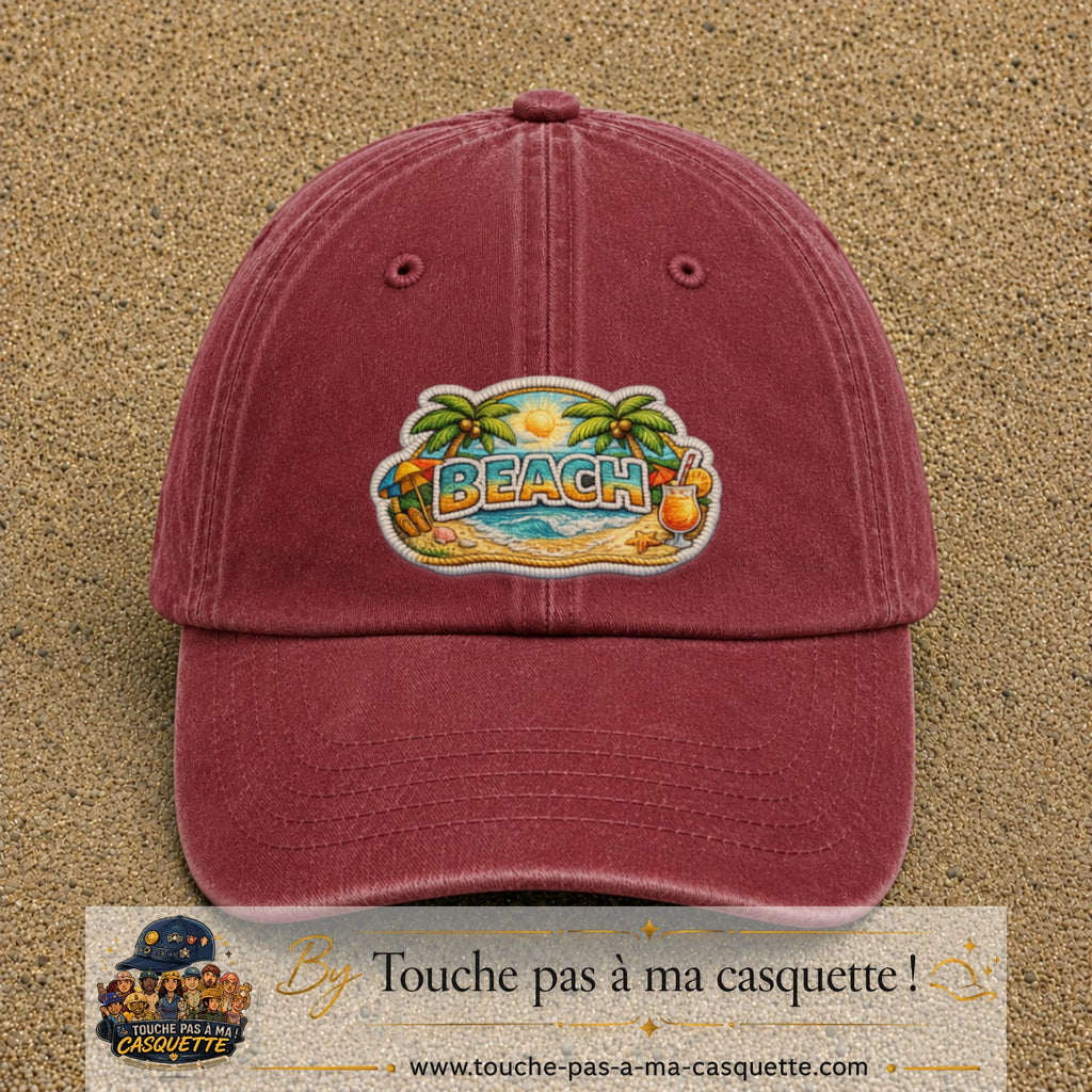Casquette Rouge délavé - Bordeaux délavé motif Plage tropicale Beach 7 cm - vue principale