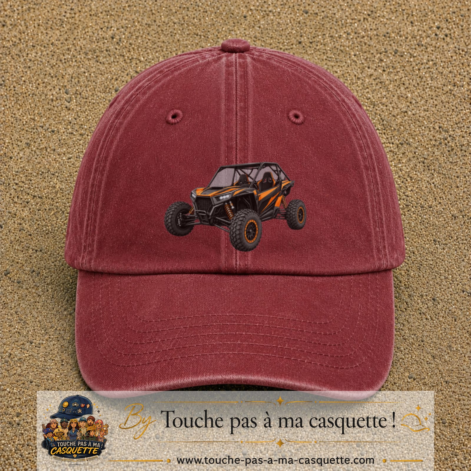 Casquette Rouge délavé - Bordeaux délavé 100% coton avec motif Buggy tout-terrain orange 7 cm - image principale