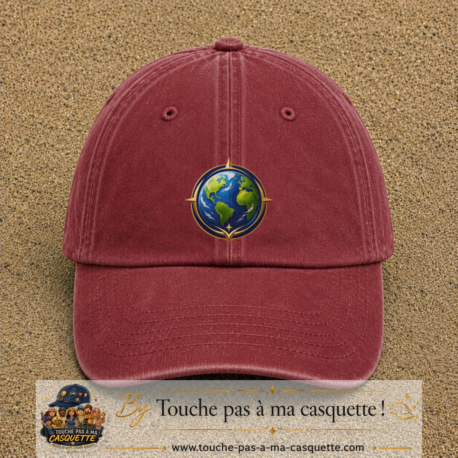 Casquette baseball Rouge délavé - Bordeaux délavé 100% coton avec visuel Terre compas 7 cm - image produit principale