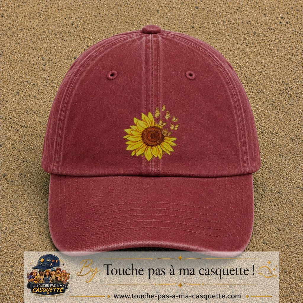 Casquette Rouge délavé - Bordeaux délavé motif Tournesol avec papillons 7 cm - vue principale