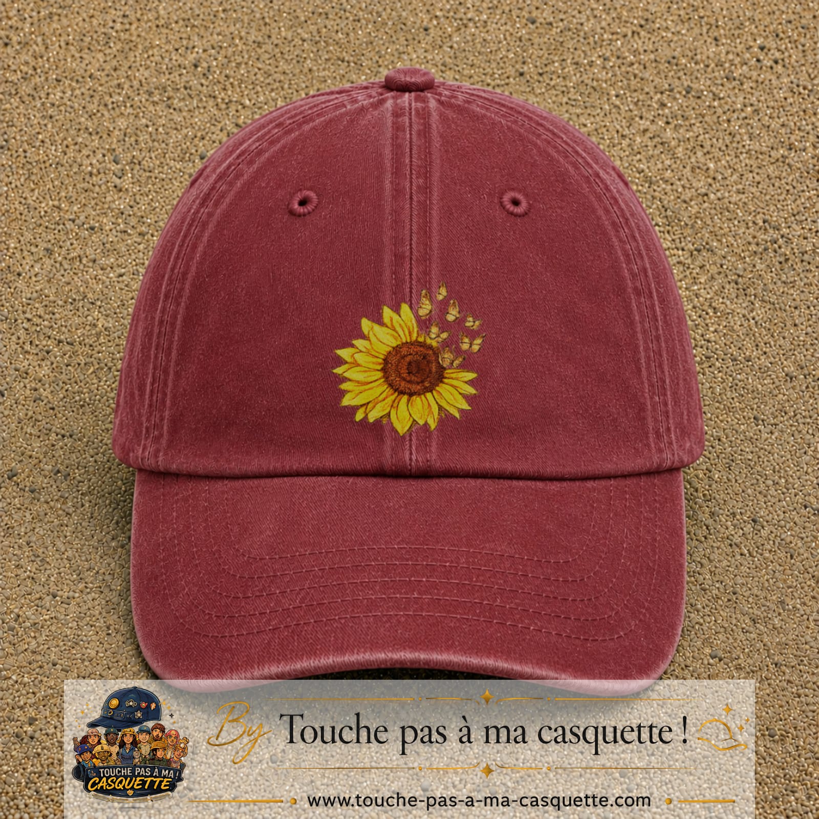 Casquette Rouge délavé - Bordeaux délavé motif Tournesol avec papillons 7 cm - vue principale