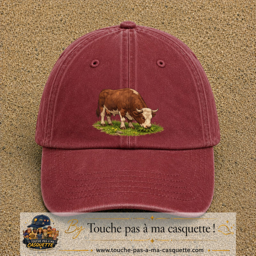 Casquette baseball Rouge délavé - Bordeaux délavé 100% coton avec motif Vache brune 7 cm - image principale