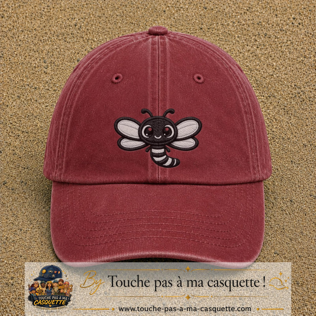 Casquette Rouge délavé - Bordeaux délavé motif Abeille souriante 7 cm - vue principale