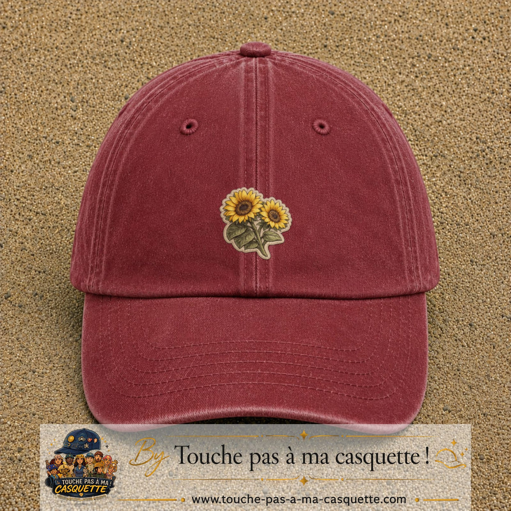Casquette Rouge délavé - Bordeaux délavé motif Duo de tournesols 5 cm - vue principale