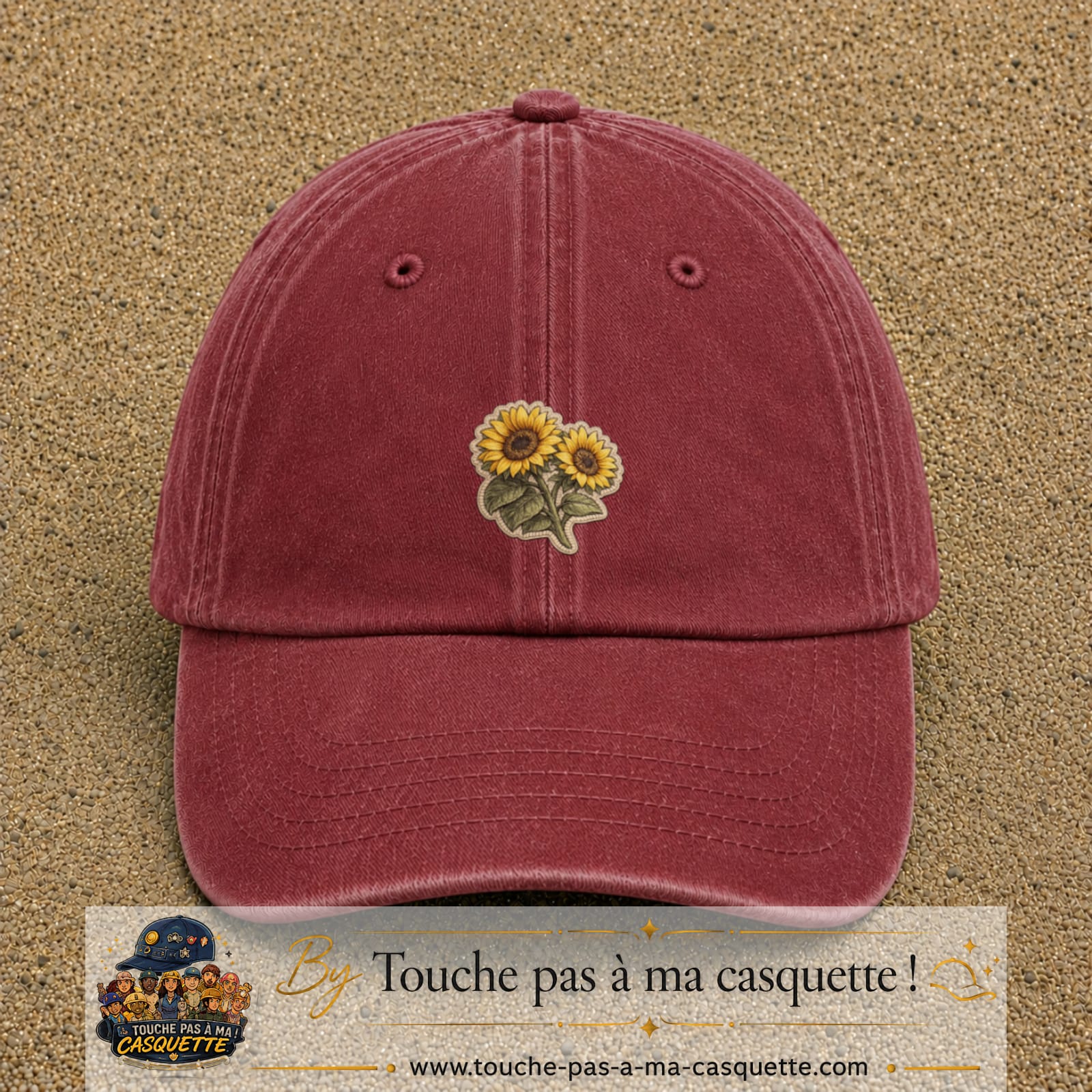 Casquette Rouge délavé - Bordeaux délavé motif Duo de tournesols 5 cm - vue principale