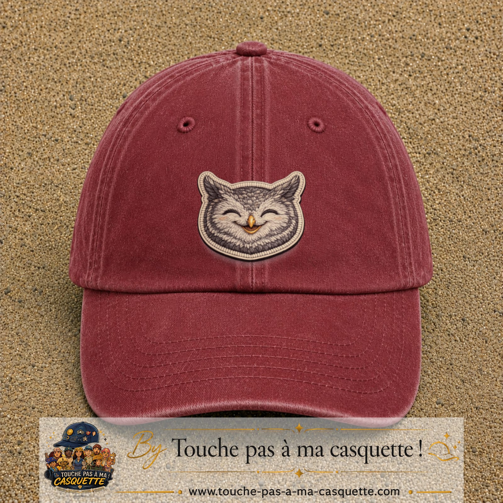 Casquette Rouge délavé - Bordeaux délavé motif Hibou rieur 7 cm - vue principale