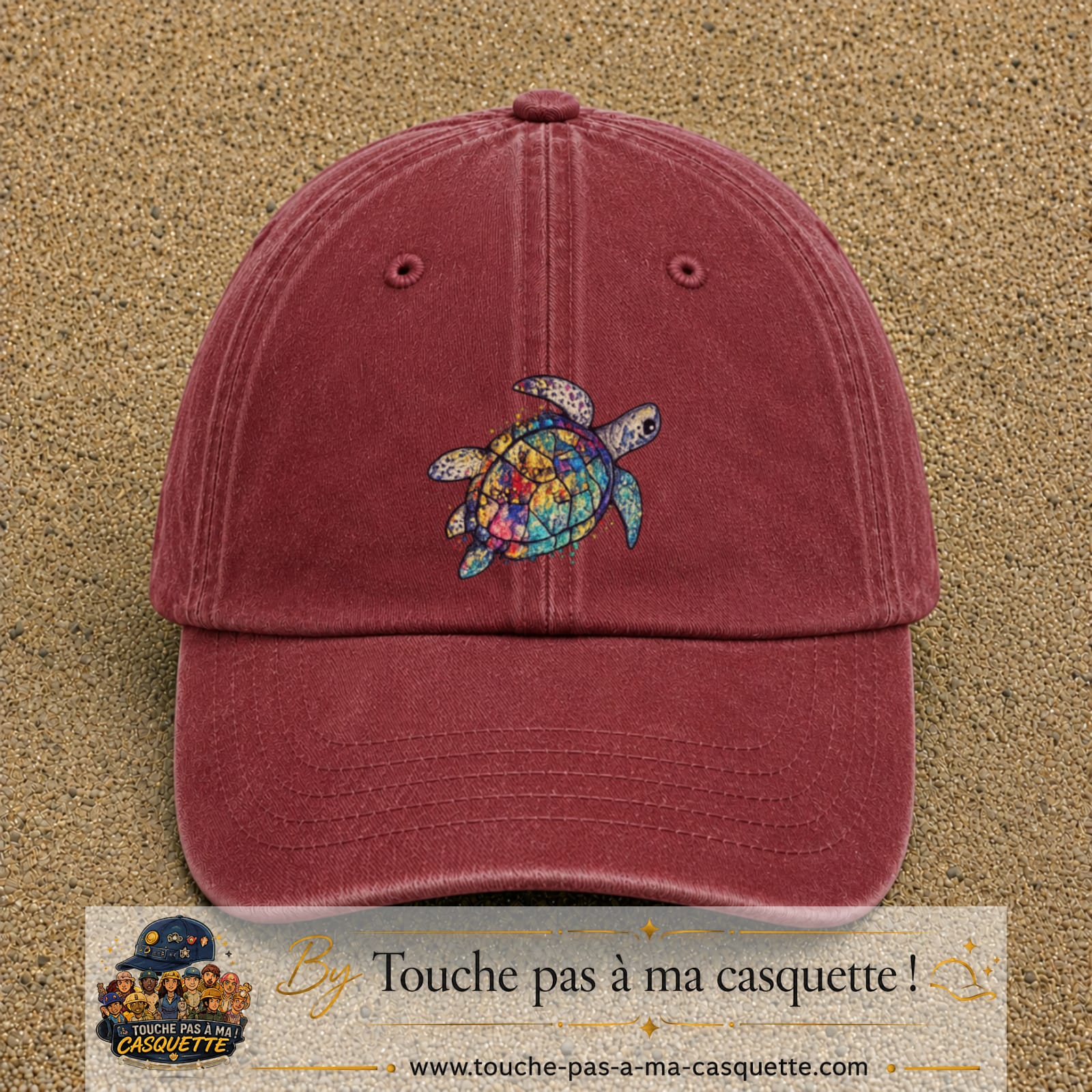 Casquette Rouge délavé - Bordeaux délavé motif Tortue multicolore 7 cm - vue principale