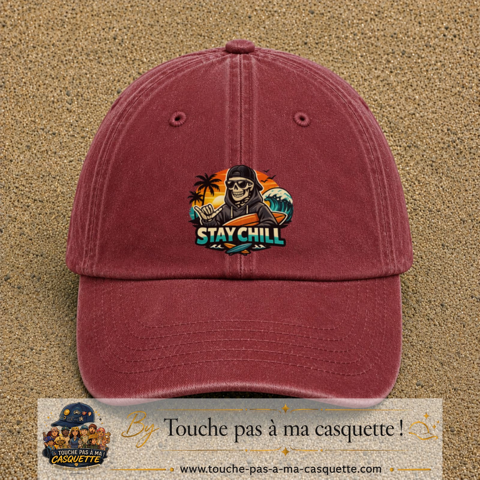 Casquette Rouge délavé - Bordeaux délavé 100% coton avec motif Stay Chill squelette plage 7 cm - image principale