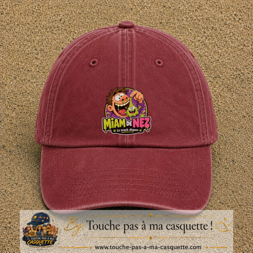 Casquette baseball Rouge délavé - Bordeaux délavé 100% coton avec visuel Miam de nez 7 cm - image produit principale
