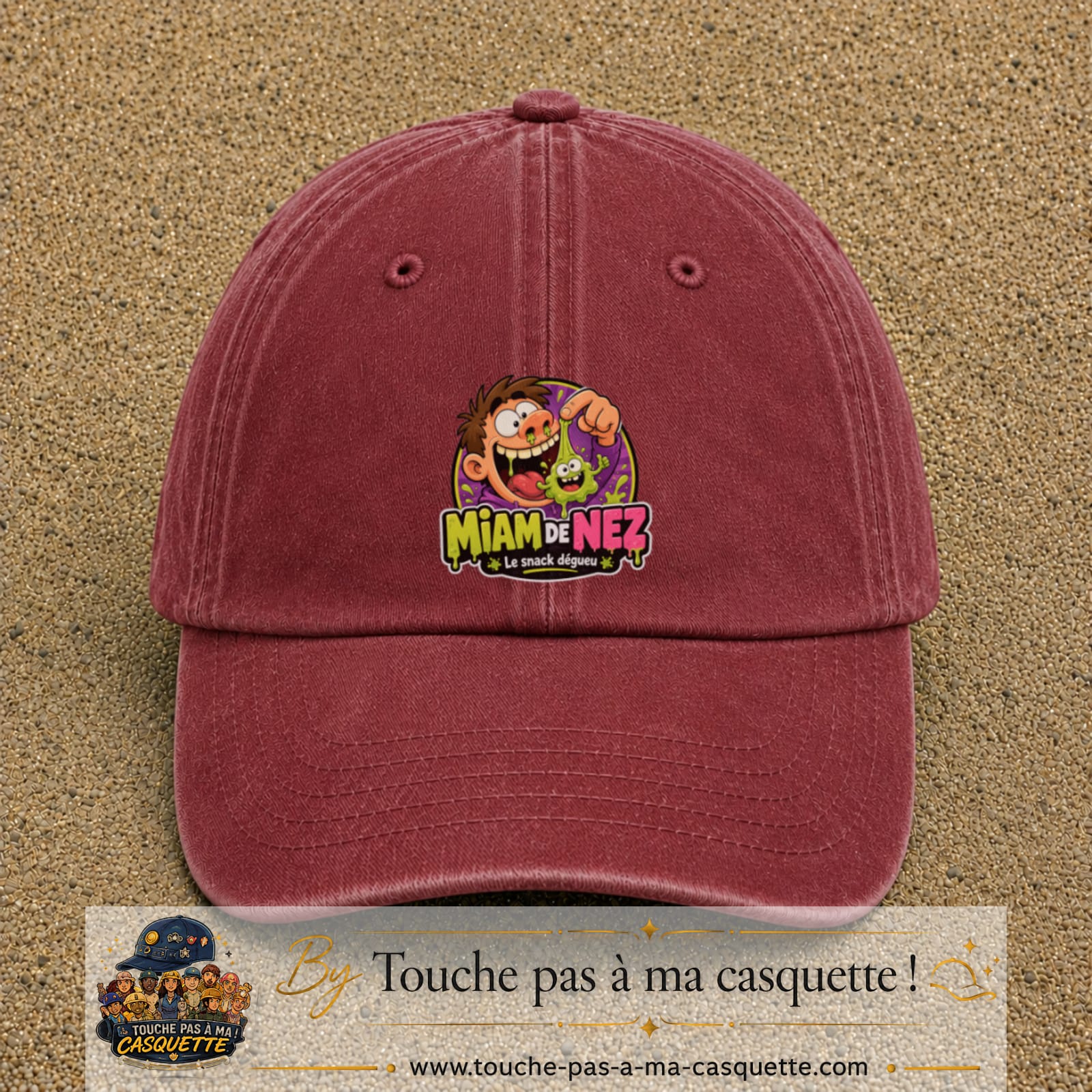 Casquette baseball Rouge délavé - Bordeaux délavé 100% coton avec visuel Miam de nez 7 cm - image produit principale
