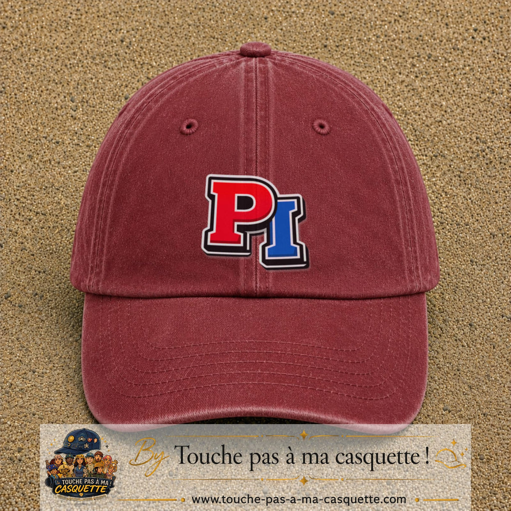 Casquette Rouge délavé - Bordeaux délavé 100% coton avec motif Initiales PI rouge et bleu 7 cm - image principale