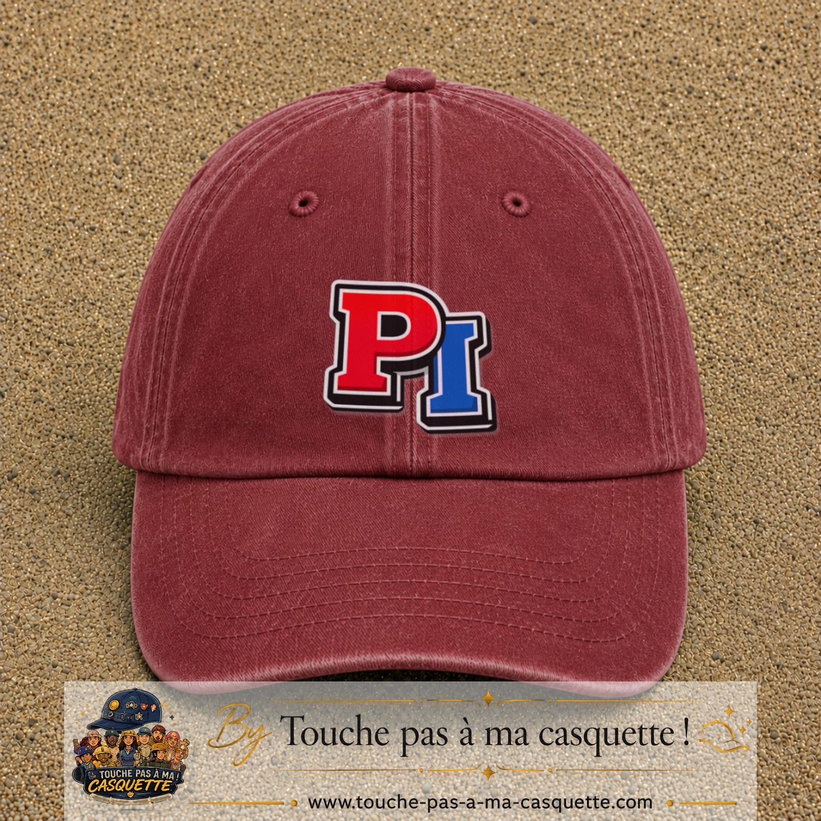 Casquette Rouge délavé - Bordeaux délavé 100% coton avec motif Initiales PI rouge et bleu 7 cm - image principale