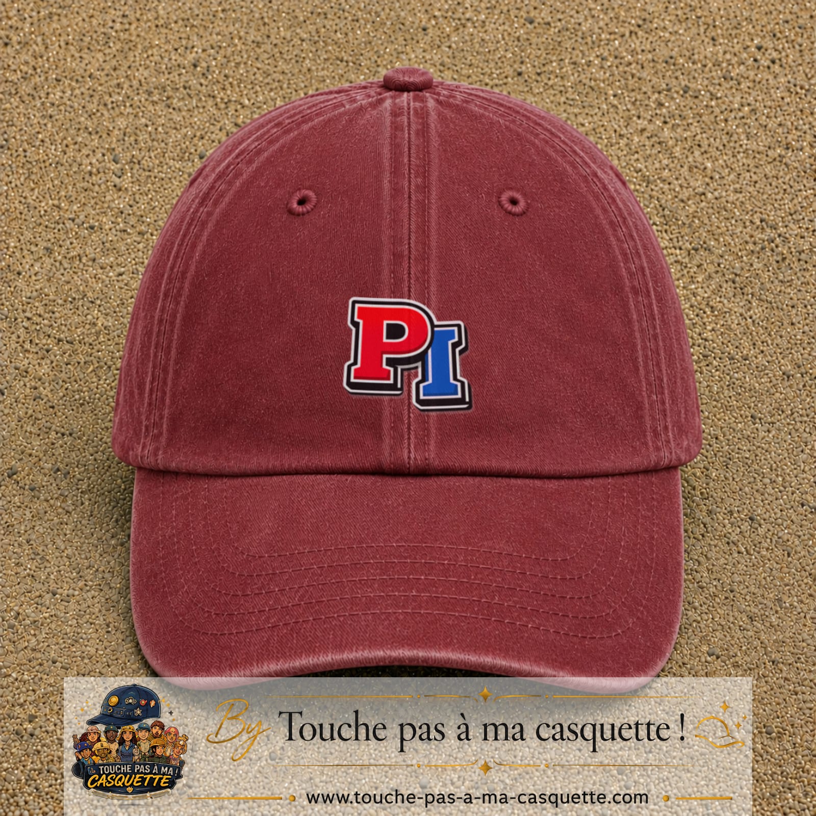 Casquette Rouge délavé - Bordeaux délavé 100% coton avec motif Initiales PI rouge et bleu 5 cm - image principale