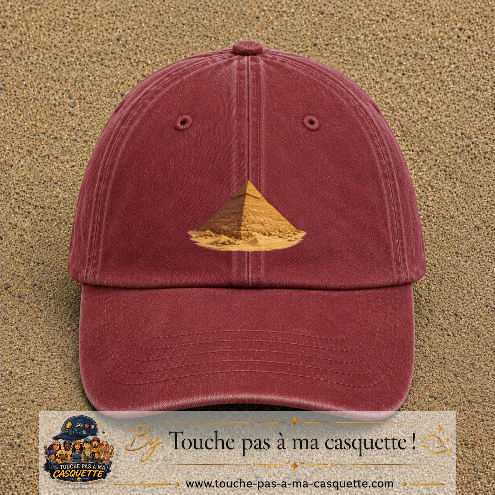Casquette baseball Rouge délavé - Bordeaux délavé 100% coton avec motif Pyramide égyptienne 7 cm - image principale