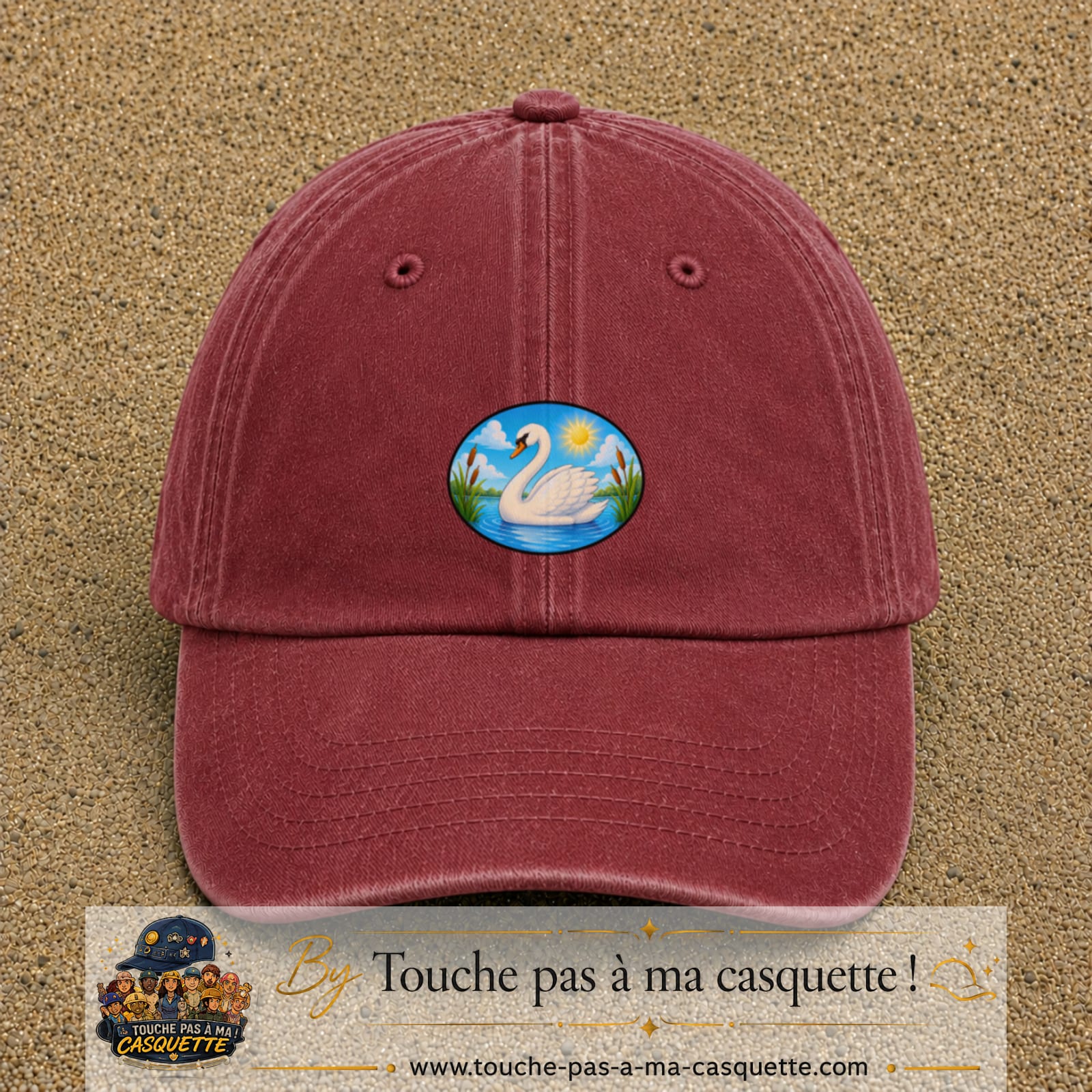 Casquette baseball Rouge délavé - Bordeaux délavé 100% coton avec visuel Cygne sur lac 5 cm - image produit principale
