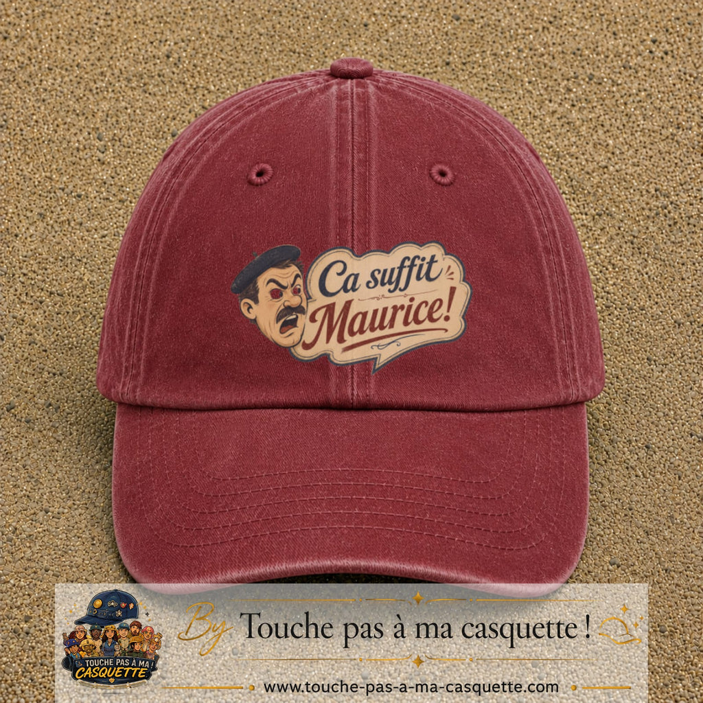 Casquette baseball Rouge délavé - Bordeaux délavé 100% coton avec visuel Ça suffit Maurice avec personnage 7 cm - image produit principale