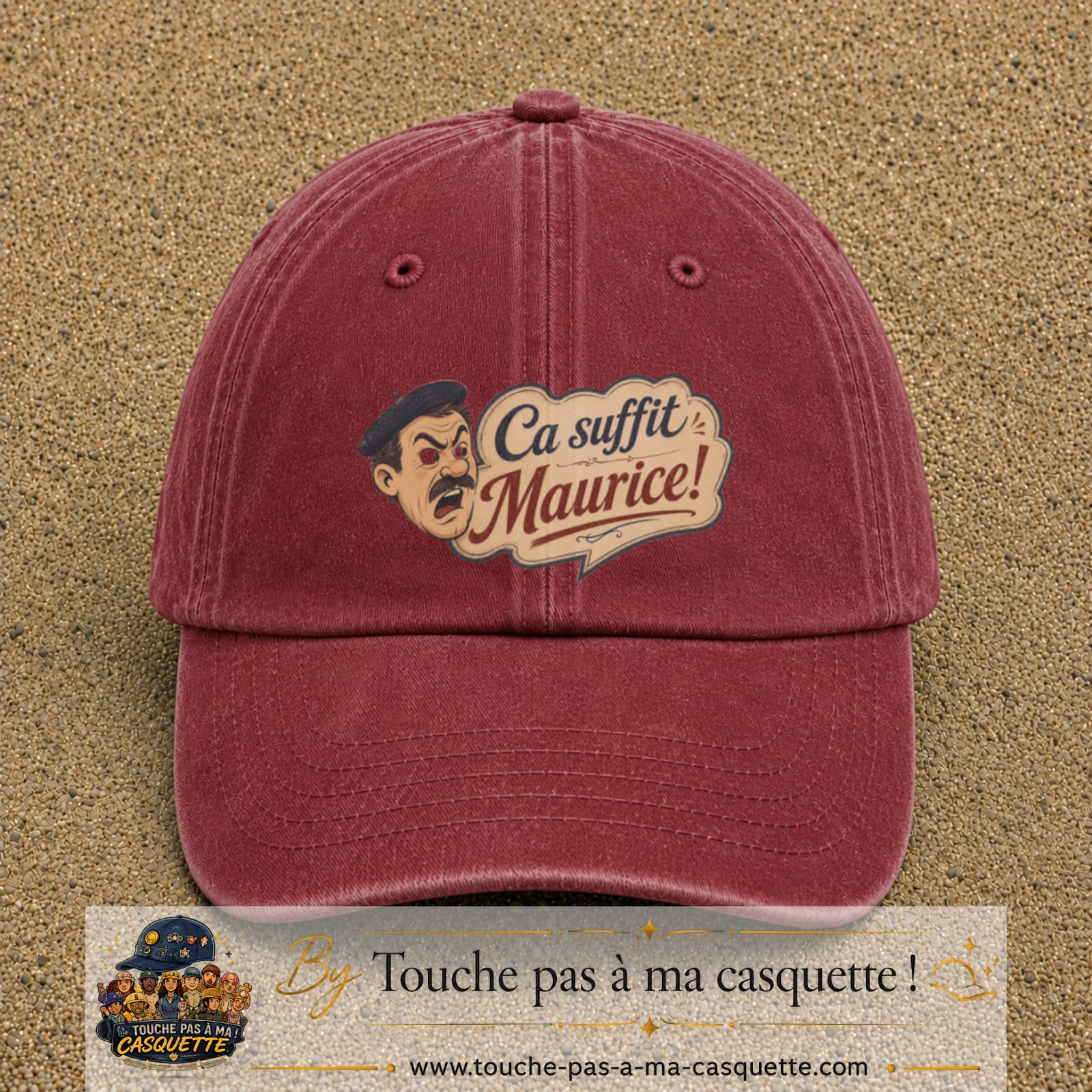 Casquette baseball Rouge délavé - Bordeaux délavé 100% coton avec visuel Ça suffit Maurice avec personnage 7 cm - image produit principale