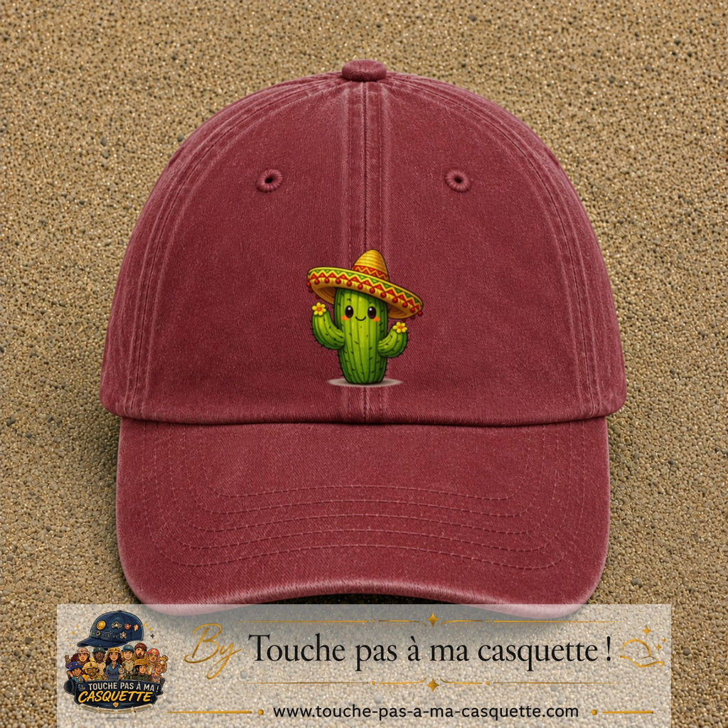 Casquette baseball Rouge délavé - Bordeaux délavé 100% coton avec visuel Cactus sombrero 7 cm - image produit principale