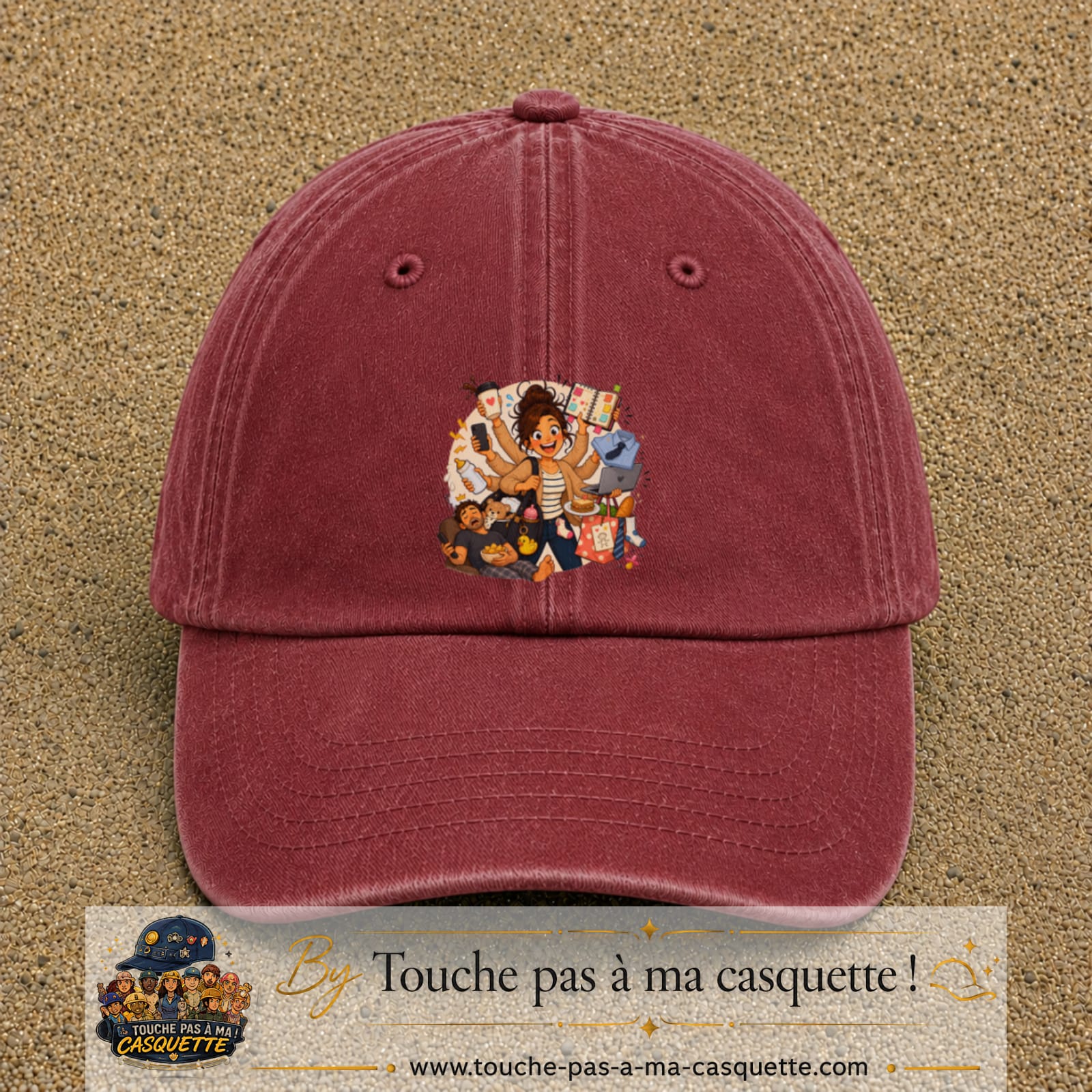 Casquette baseball Rouge délavé - Bordeaux délavé 100% coton avec visuel Maman multitâche 7 cm - image produit principale