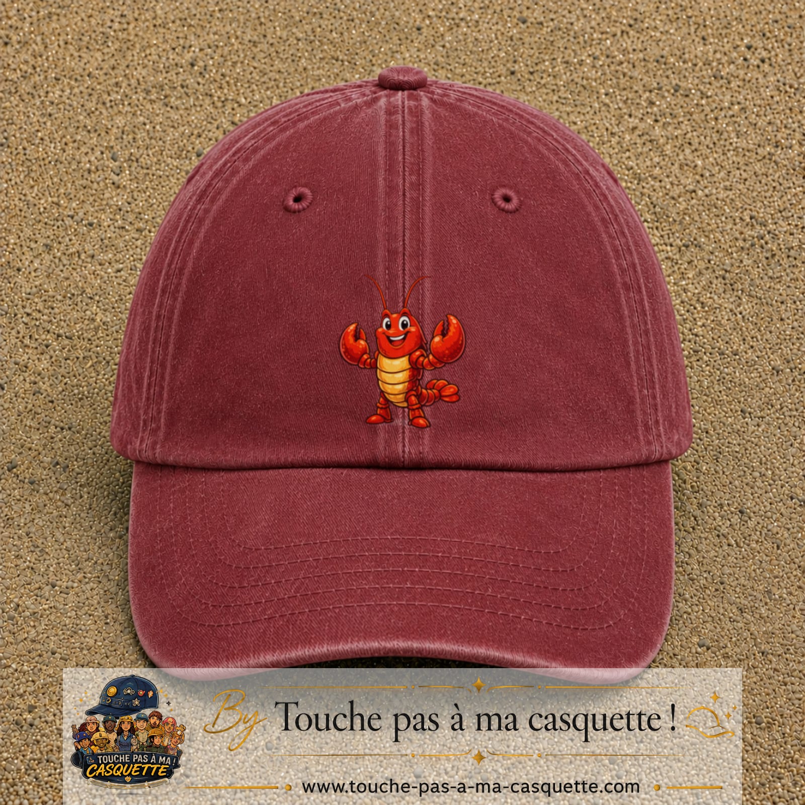 Casquette baseball Rouge délavé - Bordeaux délavé 100% coton avec visuel Homard cartoon 7 cm - image produit principale