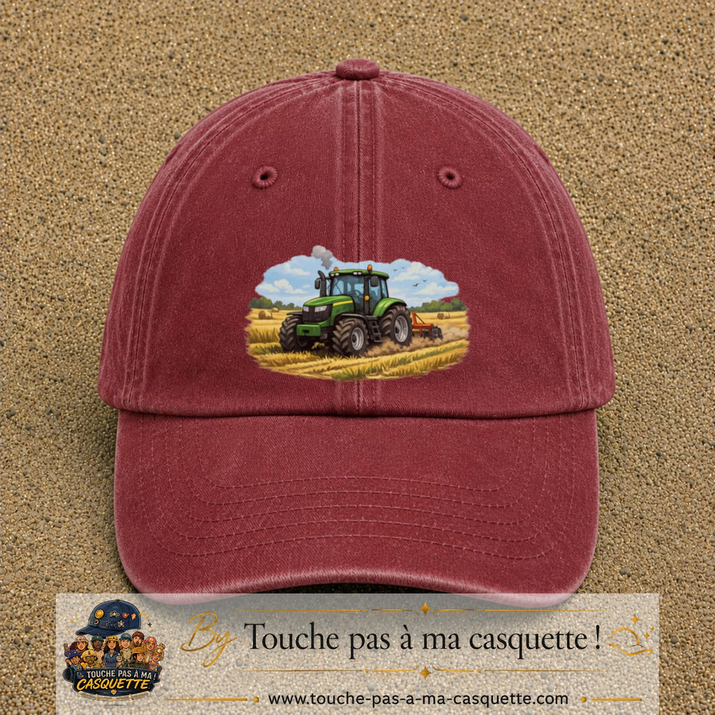 Casquette baseball Rouge délavé - Bordeaux délavé 100% coton avec motif Tracteur agricole 7 cm - image principale