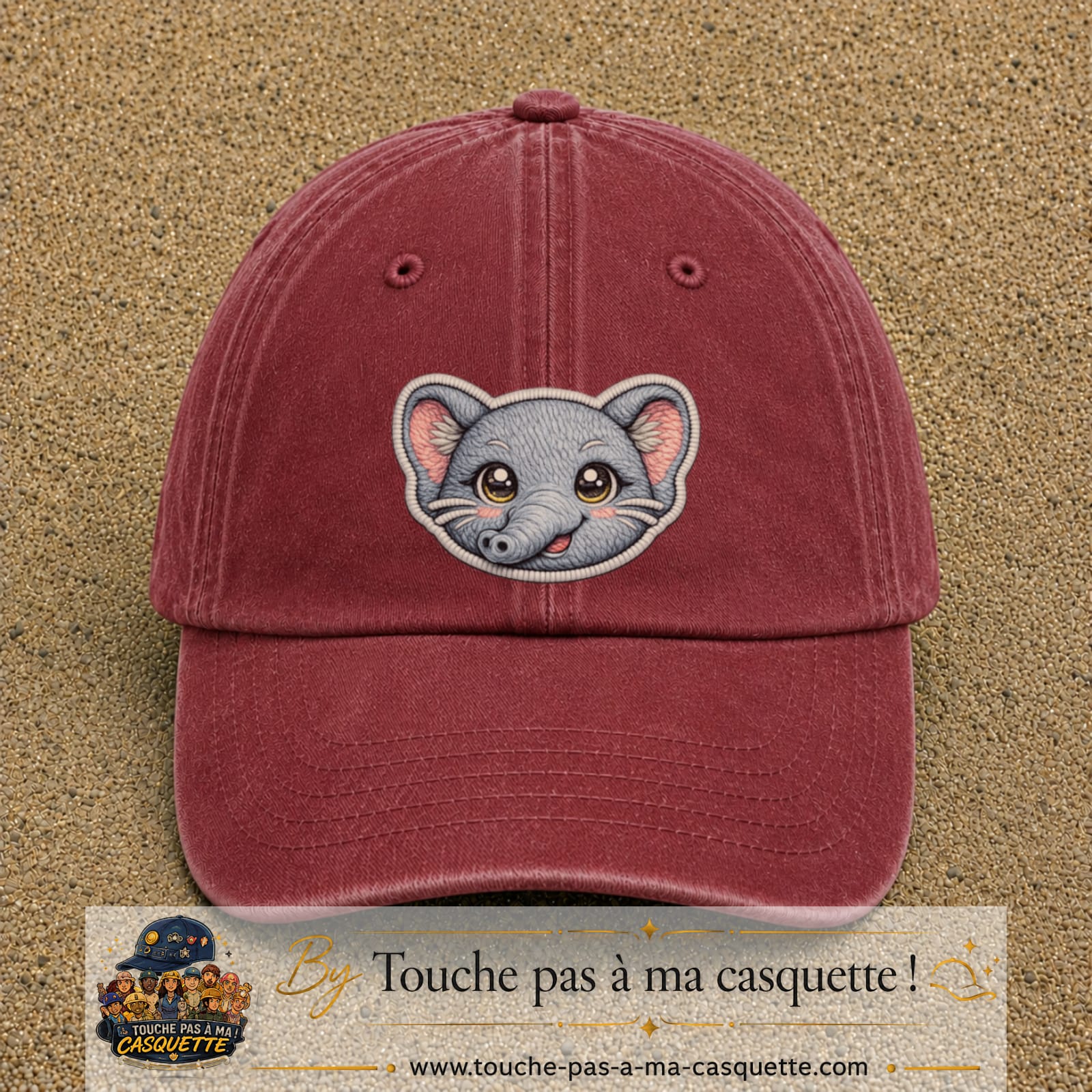 Casquette Rouge délavé - Bordeaux délavé motif Éléphant kawaii 7 cm - vue principale