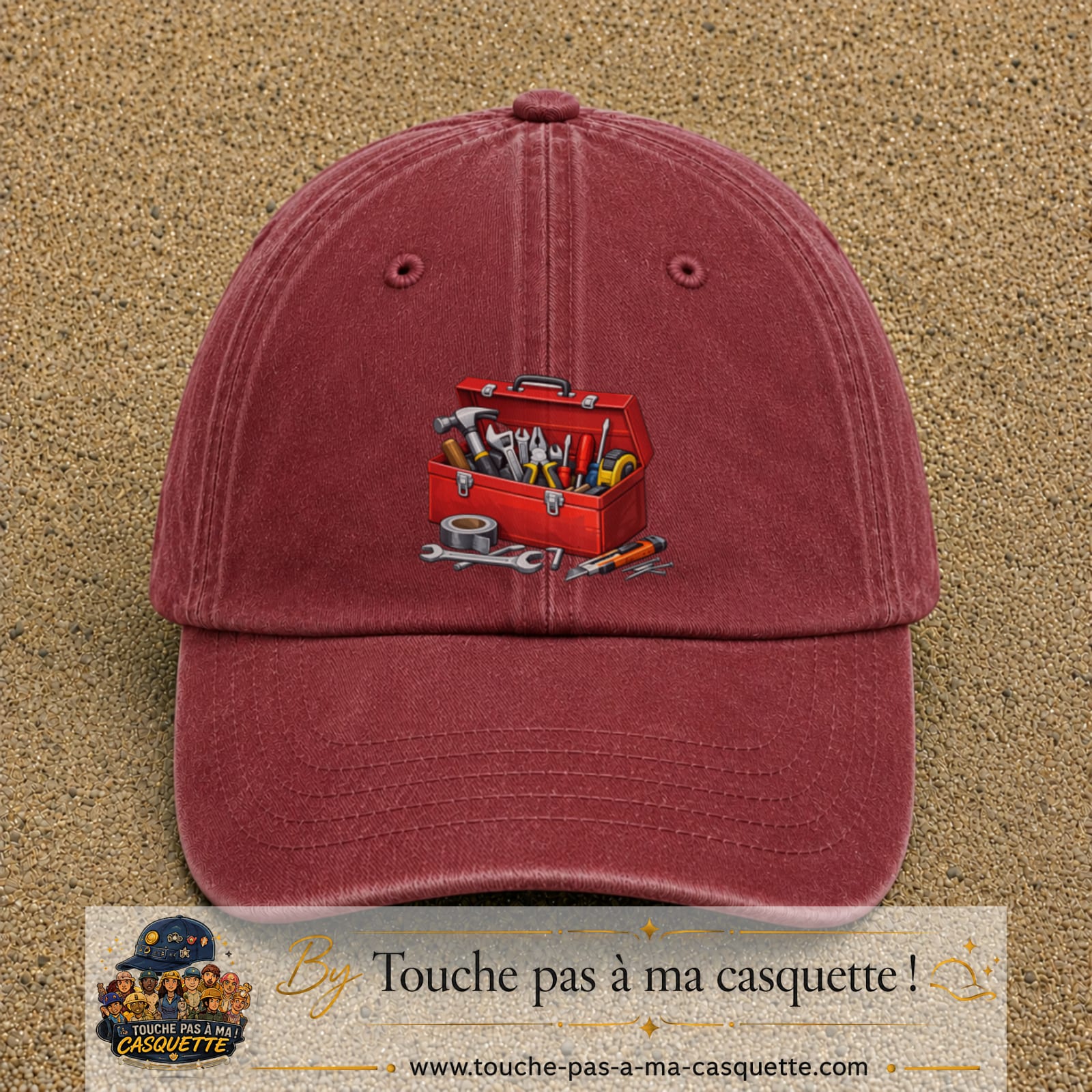 Casquette baseball Rouge délavé - Bordeaux délavé 100% coton avec motif Boîte à outils 7 cm - image principale