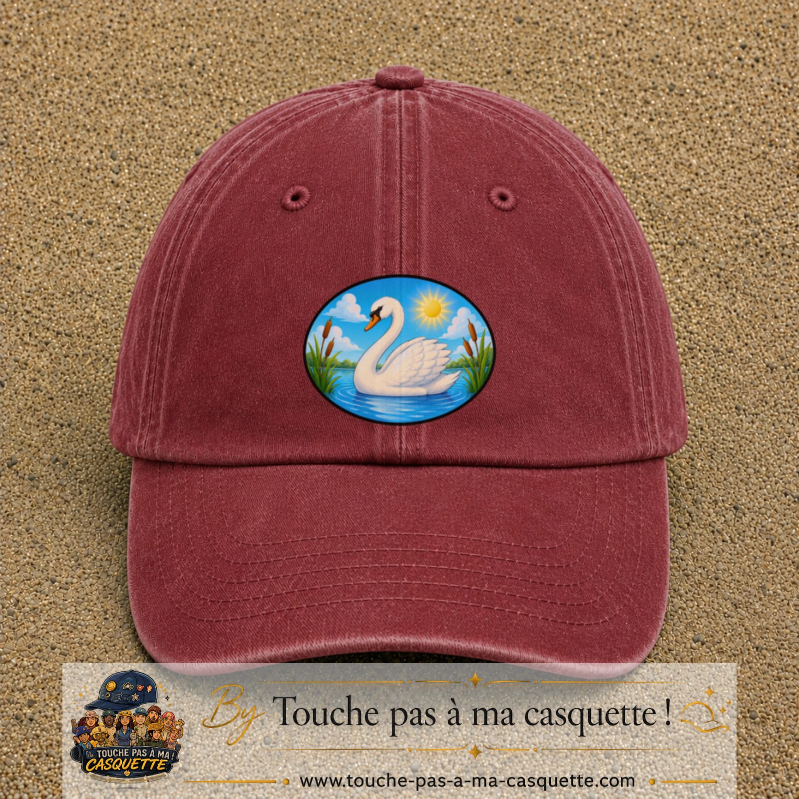 Casquette baseball Rouge délavé - Bordeaux délavé 100% coton avec visuel Cygne sur lac 7 cm - image produit principale