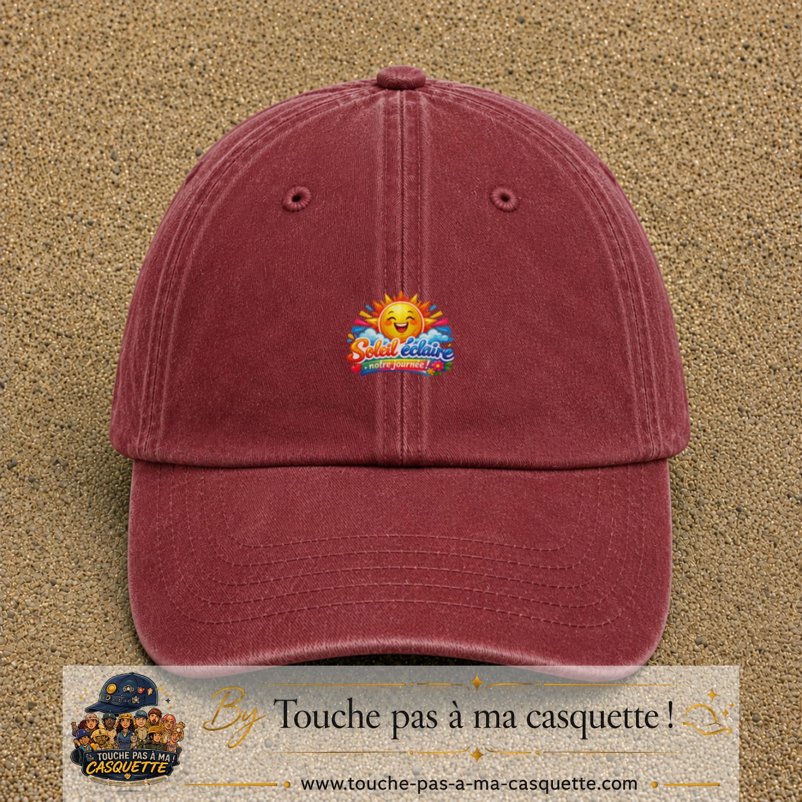 Casquette baseball Rouge délavé - Bordeaux délavé 100% coton avec motif Soleil éclaire notre journée 5 cm - image principale