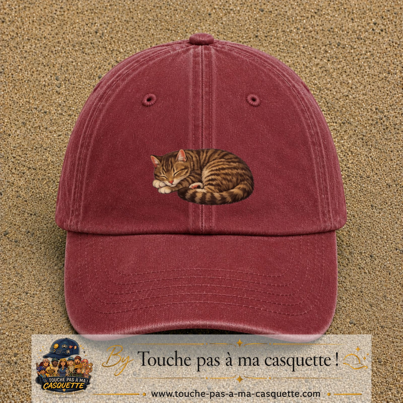 Casquette baseball Rouge délavé - Bordeaux délavé 100% coton avec motif Chat endormi 5 cm - image principale